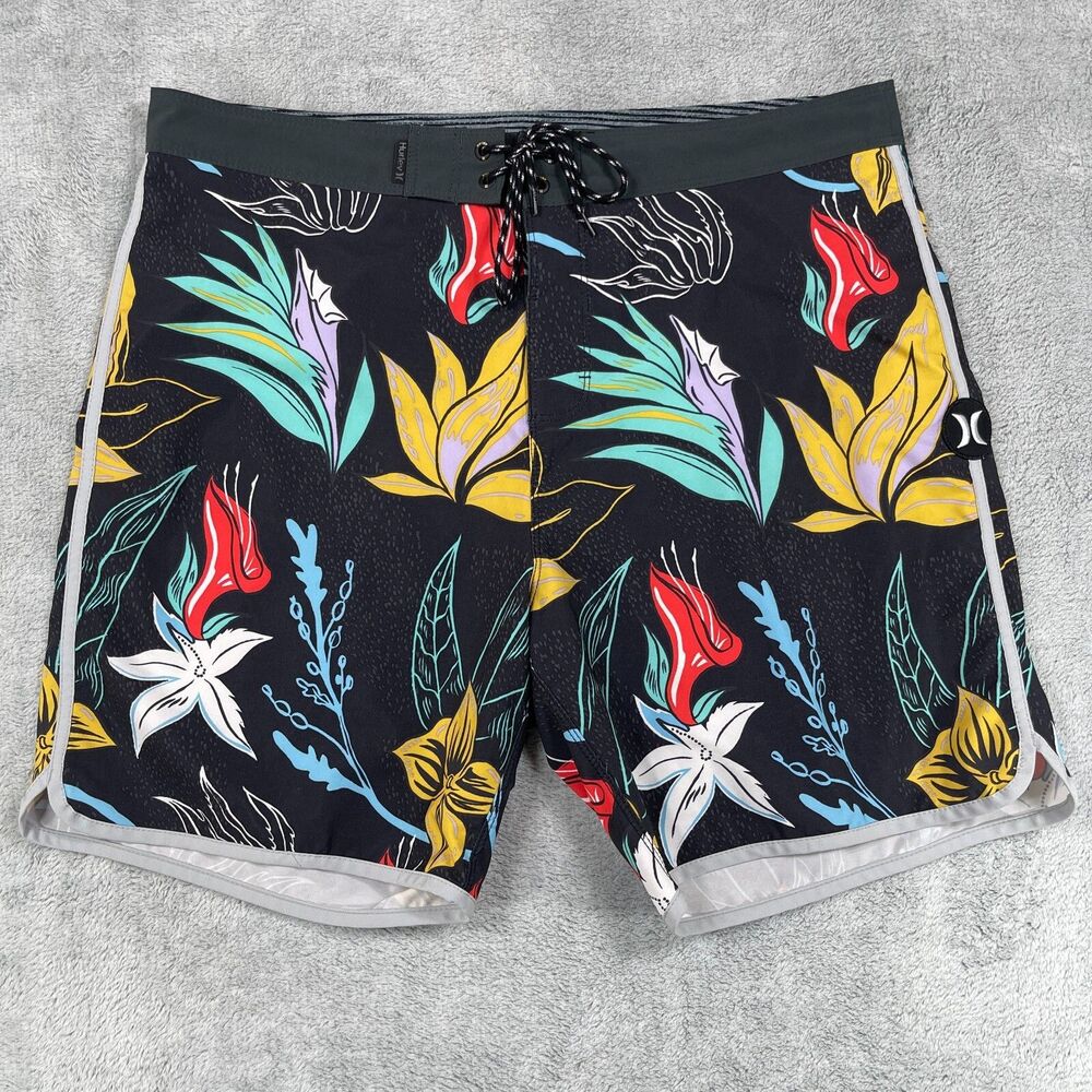 Hurley Board Shorts Men 36 Black‎ Phantom Floral Swim Trunks Drawstring Pocket